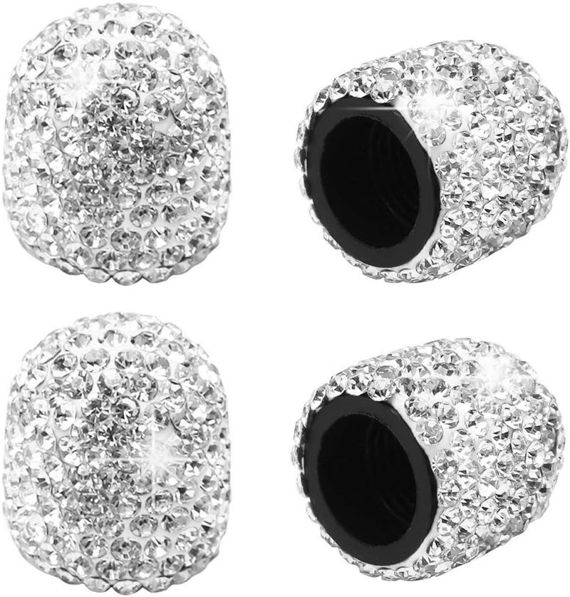 SUMAJU 4 Pack Bling Valve Stem Caps, Sparkling White Handmade Crystal Rhinestone Car Tire Valve Caps Bling Car Stem Covers Xmas Decor Chrome Attractive Dustproof - Image 1